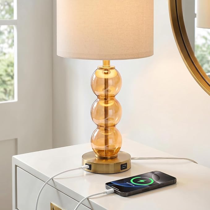 25" Amber Glass Table Lamps for Living Room, Glass Modern Table Lamp Set of 2, USB Charging Ports, Linen Shade, Bedside Lamps for Bedroom, Nightstand, Side Table (Bulbs not Included)