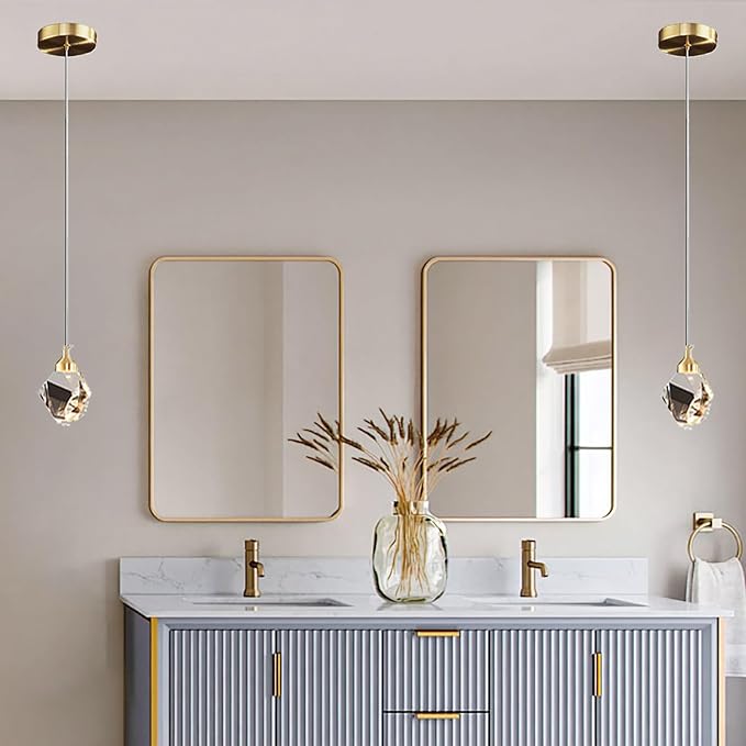 Modern Crystal Pendant Light, 3-Color LED Crystal Pendant Light, Adjustable Height Gold Ceiling Hanging Pendant Lamp, for Kitchen Island Bedroom Dining Room (Gold)