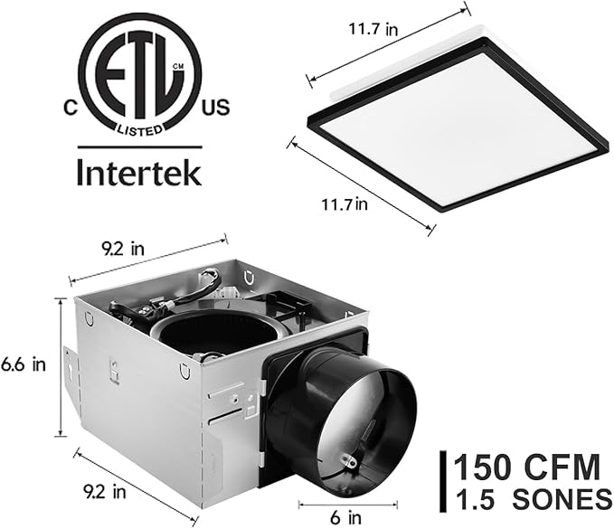 Tech Drive Modern Black Bathroom Exhaust Fan with Light - 150 CFM, 1000lm Dimmable 5CCT LED Light with Night Light Selectable, 6-Inch Duct Quiet Ventilation Fan, Decorative Black Trim, Easy to Install