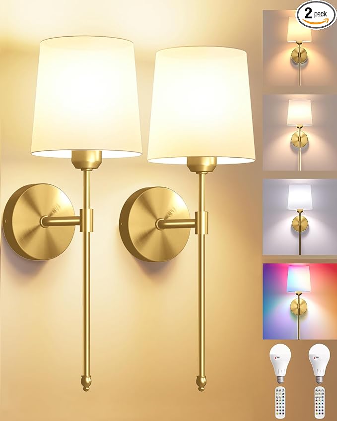 Battery Operated Wall Sconces Set of 2, Wireless Rechargeable Dimmable Wall Light with 5600mAh RGB Bulb and Remote for Bedroom, Living Room, Hallway, Gold, 24in