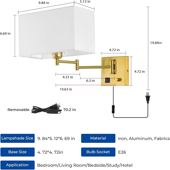 Plug in Swing Arm Wall Sconce, Wall Lights for Living Room | Wall Lamp with USB C+A Charging Ports, Adjustable Swing Arm 270°, Adjustable Color Temperature, Wall Mount Lamp for Bedroom