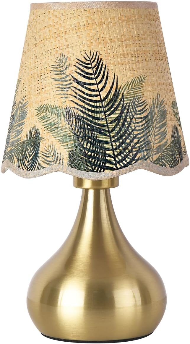 Ziqqeelam Gold Small Bedside Cute Table Lamp for Bedroom, Table Lamps for Nightstand, Scalloped Rattan Shade Table Lamps for Small Spaces for Bedroom, Home Office, Living Room