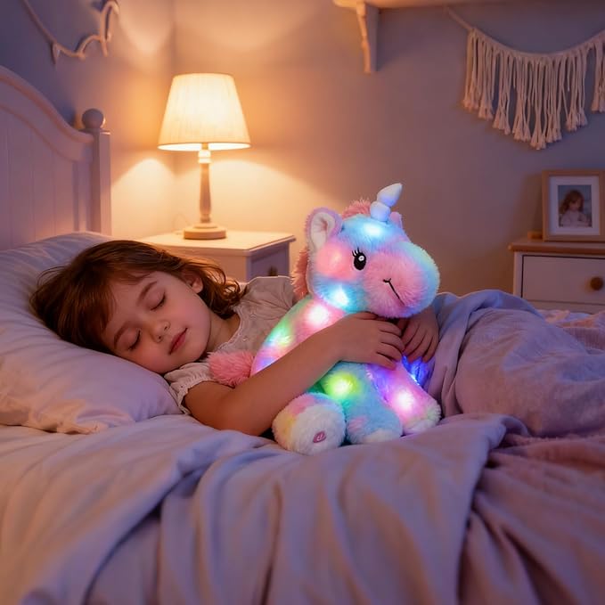 Hopearl LED Plush Unicorn Colorful Lighting Up Stuffed Animal Floppy Night Lights Glow in The Dark Birthday Gifts for Kids Toddler Girls, Rainbow, 12''