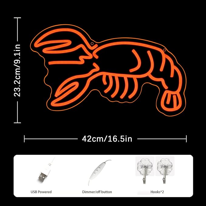 Lobster Neon Sign Seafood Market Led Sign for Wall Decor USB Powered Dimmable Animal Neon Sign Food Led Sign for Seafood Restaurants Business Pub Man Cave Wall Decor