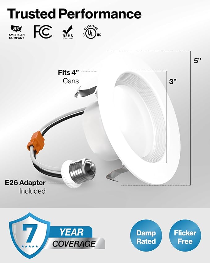 Sunco 4 Inch LED Recessed Lights, Retrofit Can Light for Ceiling, Baffle Trim, 660 LM, 11W (60W Equivalent), 3000K Warm White, Dimmable, Damp Rated ETL 4 Pack.