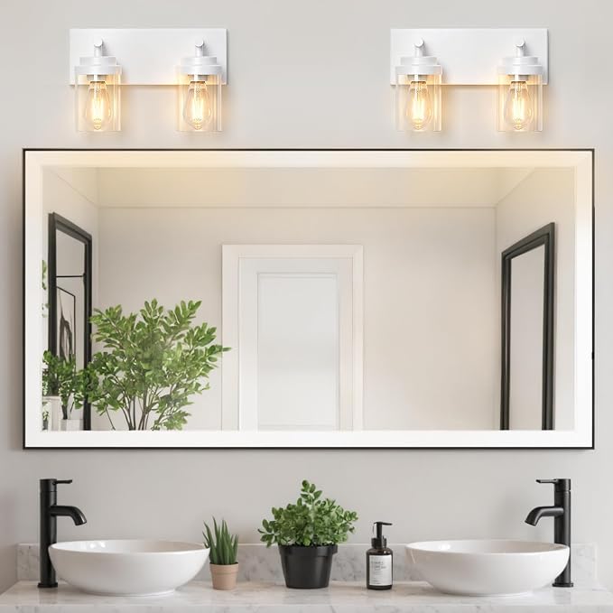 IZORRO Bathroom Vanity Light Fixture, 2-Light 15 Inch White Bathroom Light Fixtures Over Mirror, with Clear Glass Shade, Modern Farmhouse Vanity Lights, Rustic Restroom Lighting Fixtures