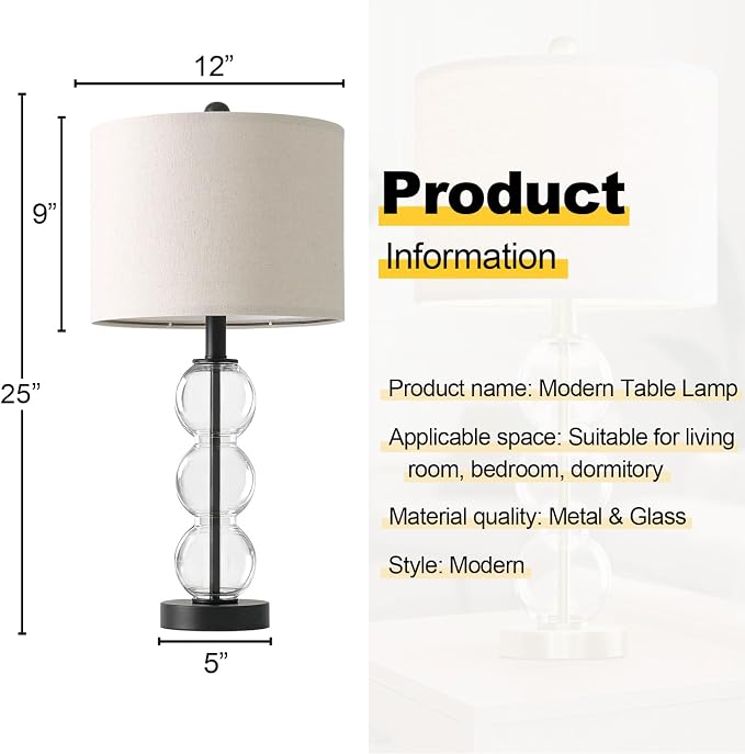 25" Glass Table Lamps Set of 2, Black Modern Table Lamps with USB Ports for Living Room, Linen Shade Bedside Lamps for Bedroom, Nightstand, Side Table (Bulbs not Included)