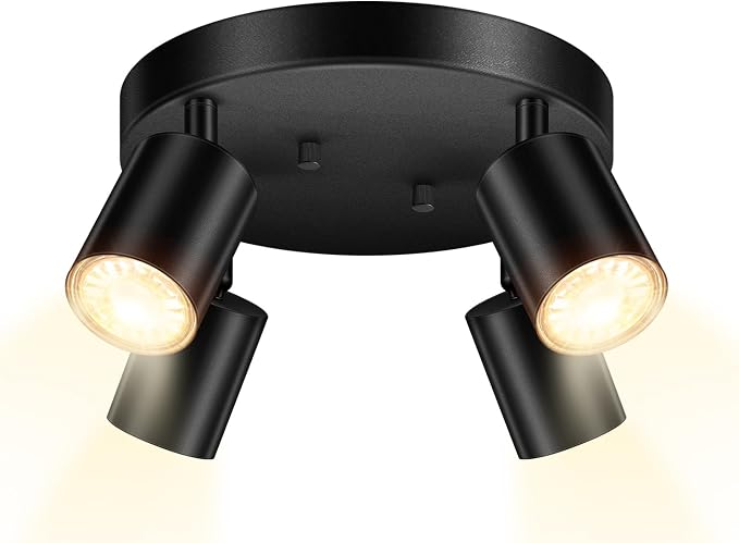 AUQUEE LED 4 Light Track Lighting Kit, LED Track Lighting Fixtures, Black Round Ceiling Spot Lighting, Flexibly Rotatable Light Head for Kitchen, Living Room, Bedroom, GU10 Bulb Not Included