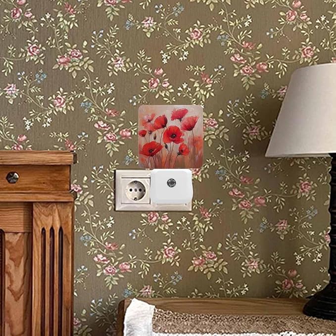 Poppy LED Night Lights Plug into Wall Red 0.5W Plug in Night Light, Dusk to Dawn, Bright Nightlight Auto On/Off, for Room Bedroom Bathroom
