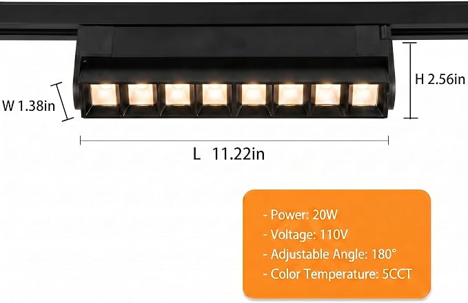 5 Color Linear H Track Lighting Heads Dimmable, Black 20W 1 Pack | LED Track Lighting Fixtures Ceiling Grille Light, H Type Track Heads Compatible with H Track Lighting Rails