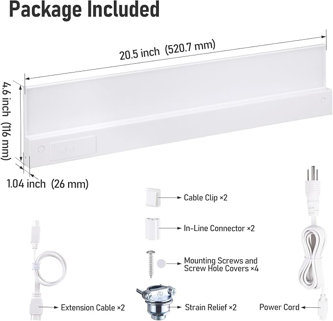 TORCHSTAR 2-Pack Ultra-Slim LED Under Cabinet Lighting Fits 24" Cabinets | 5CCT, Hardwired & Plug-in, 16W 1200LM, 120V CRI90 Linkable Dimmable Thin Under Counter Lights for Kitchen, ETL T24, White