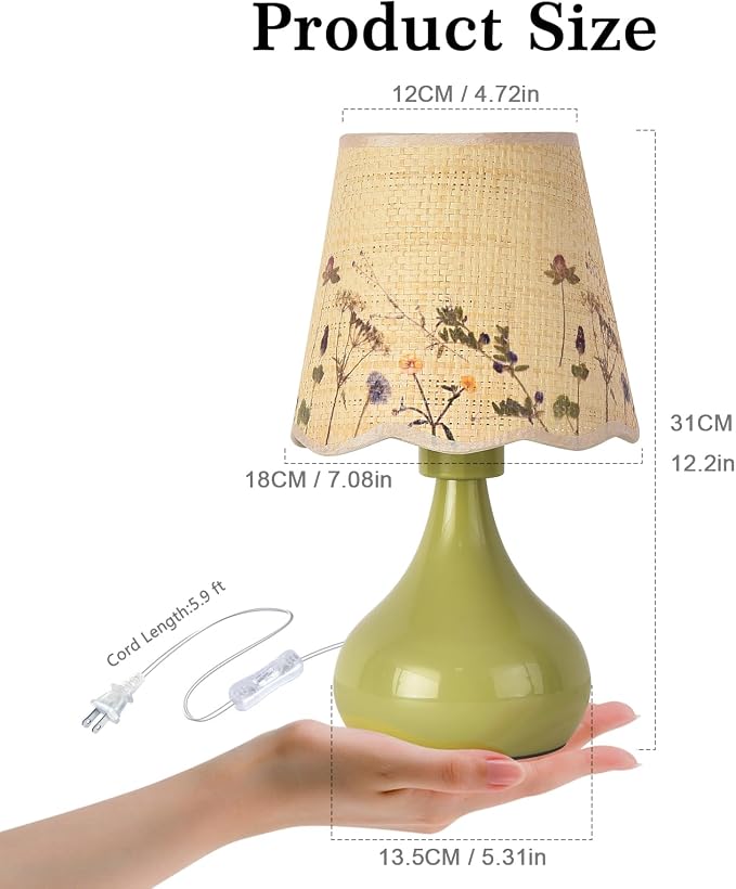 Ziqqeelam Green mall Bedside Cute Table Lamp for Bedroom, Table Lamps for Nightstand, Scalloped Rattan Shade Table Lamps for Small Spaces for Bedroom, Home Office, Living Room
