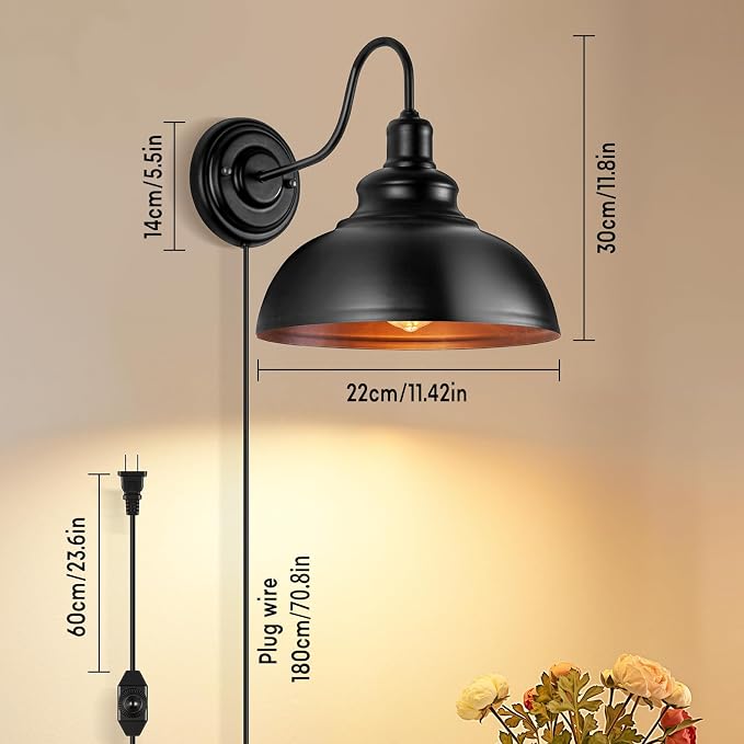 Lightess Plug in Wall Sconce with Dimmable Switch Black Barn Wall Lamp | Flexible Gooseneck Plug In Dimmable Wall Light Rustic Industrial Farmhouse Style For Multiple Indoor Home Decor Spaces