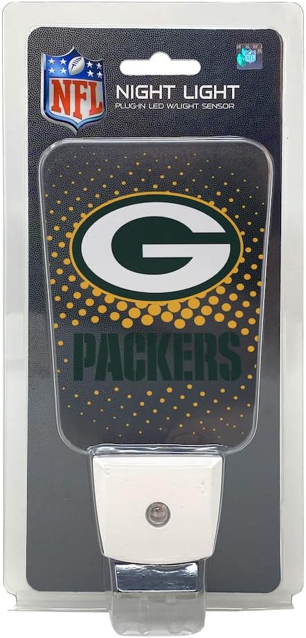 Party Animal NFL Team LED Night Light, with Auto Sensor and 3 Light Settings, Slim 5-Inch Design fits Standard Outlets, Green Bay Packers