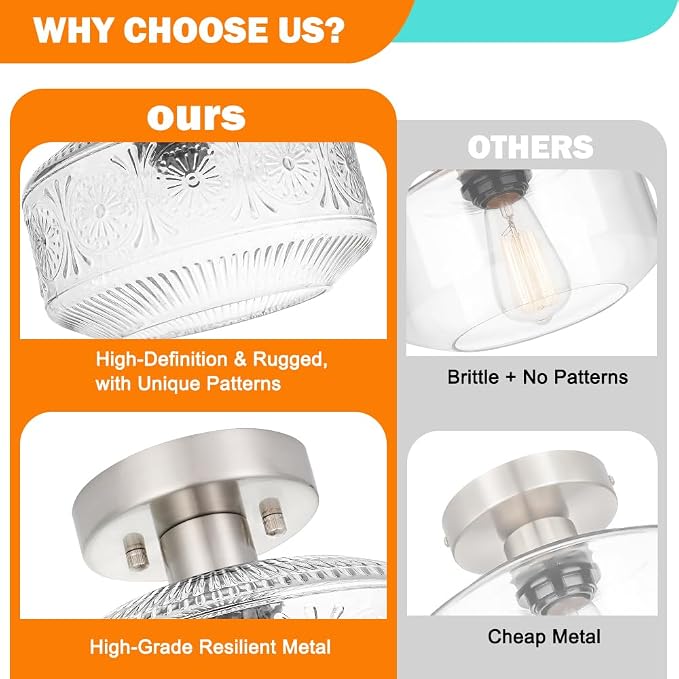 DSMJFU Semi Flush Mount Ceiling Light, Vintage Small Ceiling Light Fixture, Thickened Glass Hallway Light Fixture, Brushed Nickel Kitchen Ceiling Mount Lamp for Entry Way, Bedroom, Bathroom