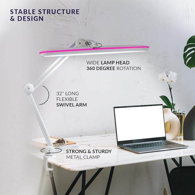Neatfi XL 2,200 Lumens 24W LED Desk Lamp – 23” Wide Shade | Dimmable Eye-Caring Task Light | Adjustable Arm | Home Office, Study, Crafts & Nail Tech (Non-CCT with Clamp, White with Pink Ring)