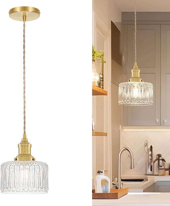 6.9in Vintage Pendant Lights for Kitchen with Clear Striped Glass Shade, Brushed Gold Pendant Lights Kitchen Island, Small Light Pendant Adjustable Hanging Light for Entrance Bedroom Hallway Home