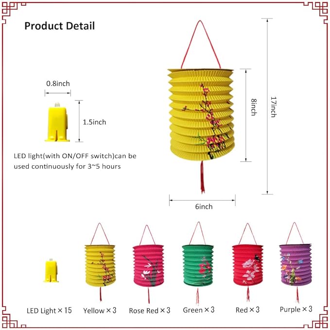15Pack Chinese Japanese Hanging Paper Lanterns with LED Lights, Colorful Asian Flower Bird Lanterns,Festival Decoration for Chinese Middle Autumn Festival, Oriental Party, Wedding