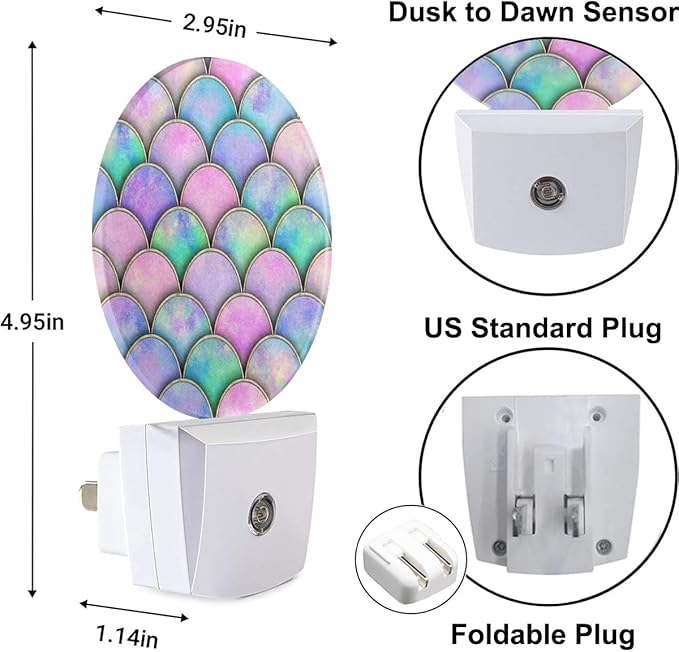 Plug-in Pink Purple Mermaid Scales Night Light Charming Fish Scales Night Lights Plug into Wall with Auto on/Off Sensor, 0.5W LED Nightlight for Bedroom Bathroom Kitchen Hallway