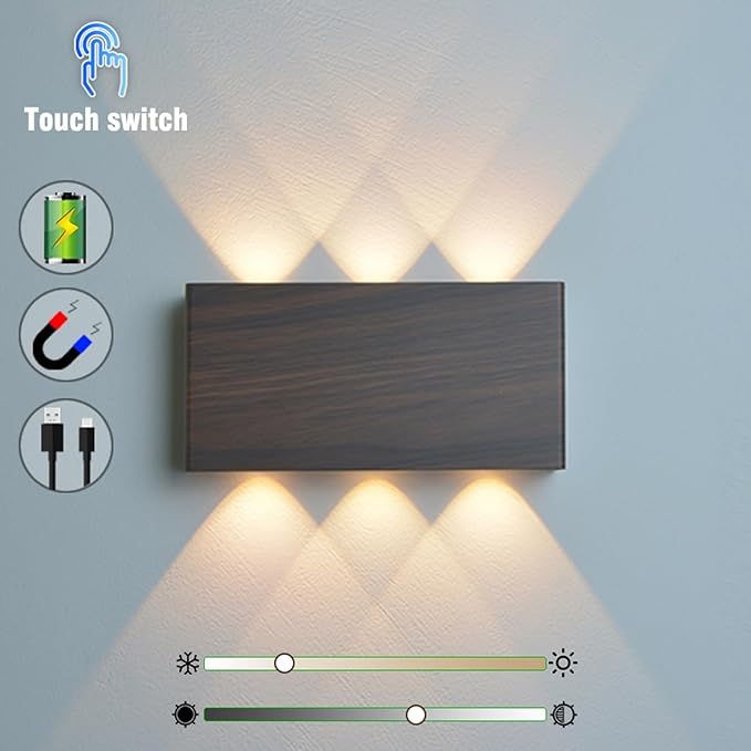 2 Pcs LED Magnetic Wall Sconce Lights,5000mAh Wireless Bedside Wall Light USB Rechargeable Reading Wall Lamp,3 Lighting Colors And Dimmable Battery Operated Wall Sconces (Walnut color, 2 pcs)