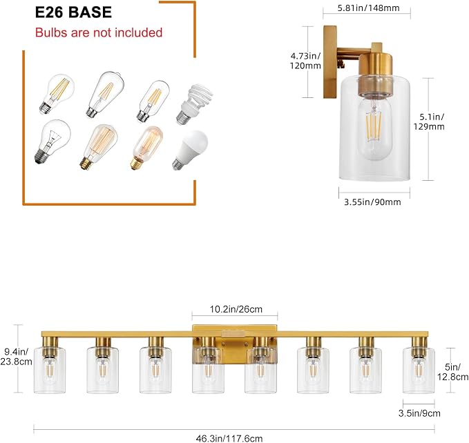 8 Light Bathroom Vanity Light Gold Bathroom Light Fixtures Brass Vanity Lights for Bathrrom 46 in Large Wall Sconce Brush Gold with Clear Glass Shade for Living Room