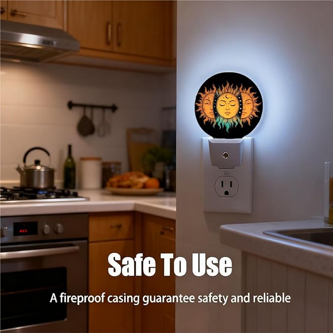 Plug-in Mystical Celestial Suns Art Night Light Sun Faces with Moon and Stars Nightlight with Dusk to Dawn Sensor, Auto On/Off 0.5W Energy-Saving LED Lighting Sleep Friendly