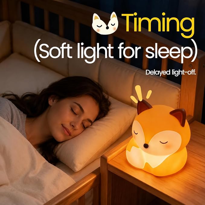 Fox Night Light Silicone Squishy Animal Lamp with 30 Min Auto Timer | 3 Level Dimmable Bedside Nightlight with Tap Control Office Desk Ambient Lamp Unique White Elephant Gifts