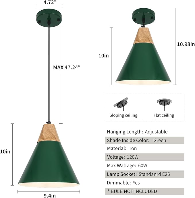 Farmhouse Pendant Light, 9.4inch, 2 Packs- Green Industrial Kitchen Pendant Lights, Pendant Lights Kitchen Island, Pendant Light for Bedroom, Office, Kichen Sink, Library