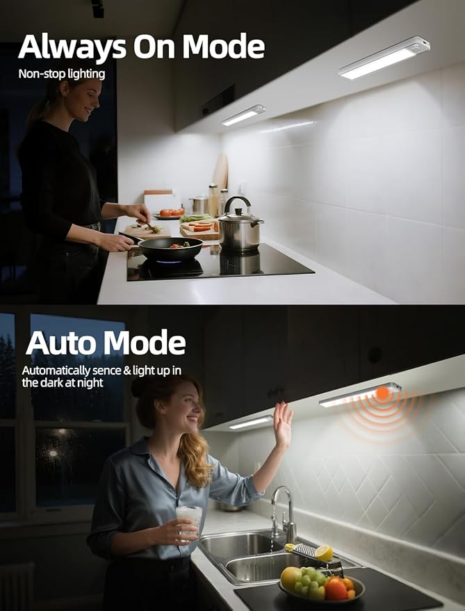Under Cabinet Lighting: 12 Inch 3-Color Dimmable Rechargeable Motion Sensor Lights Indoor - Battery Operated Lights - Closet Light Magnetic Led Light for Kitchen Home Bathroom Counter 5 Pack