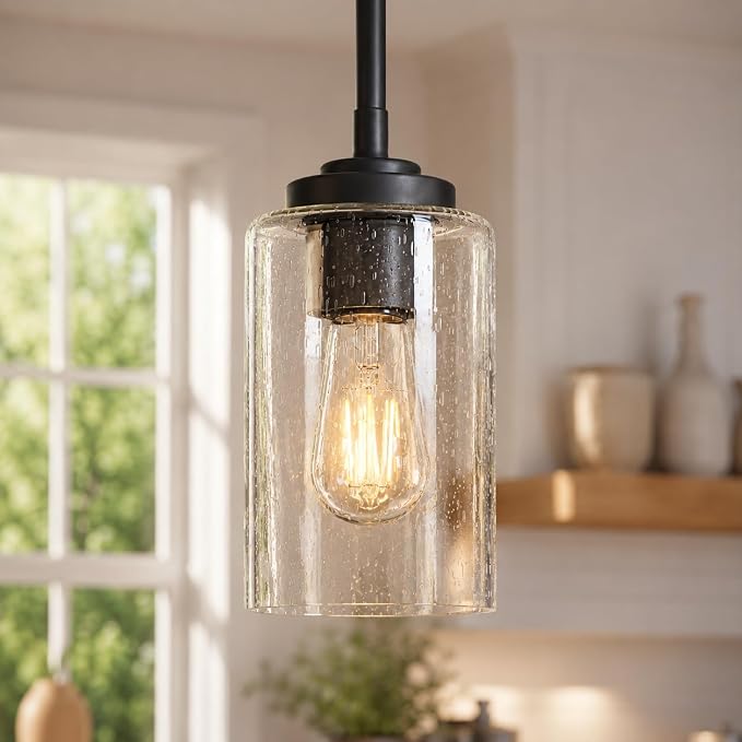 KSANA Pendant Lights Kitchen Island, 3.9'' Mini Modern Oil Rubbed Bronze Pendant Hanging Lights Fixture with Seeded Glass Shade for Kitchen Sink, Foyer, Hallway, Bedroom Nooks and Powder Rooms