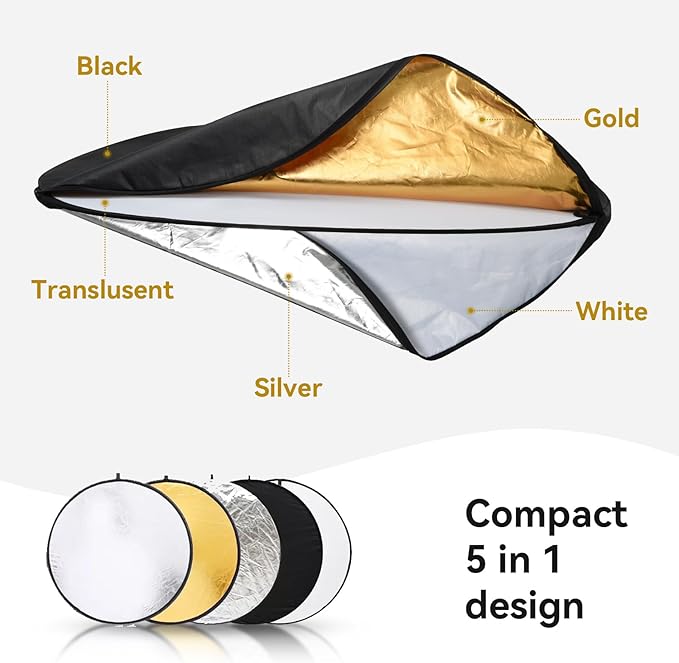 UTEBIT 24"/60cm Light Reflector with Stand, 5-in-1 Portable Round Light Diffuser Translucent/Silver/Gold/White/Black Reflector Photography for Studio or Outdoor Photo Lighting
