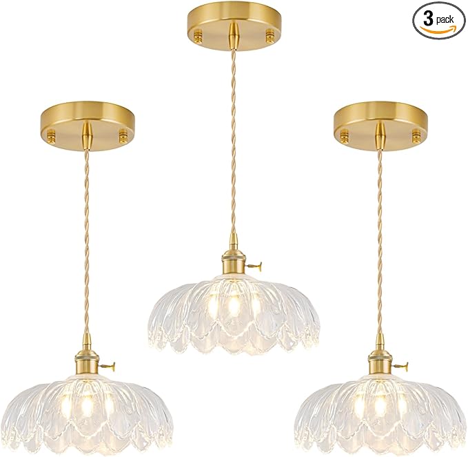 3 Pack Glass Pendant Lights Kitchen Island, Vintage Brass Pendant Light Fixtures, Adjustable Transparent Kitchen Pendant Lighting Over Island for Bedroom Living Room Hallway Dining Room