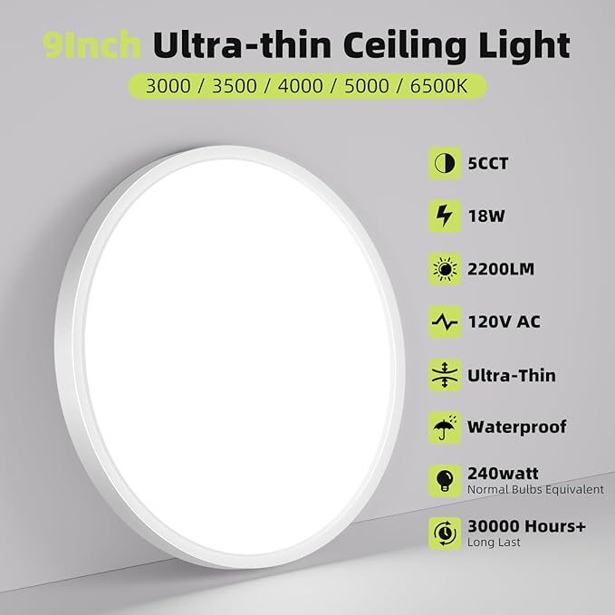 hepside 2PACK Flush Mount LED Ceiling Light Fixture 5CCT 9Inch 18W & 200W Equivalent Closet Light Fixture,Small Round Slim Surface Ceiling Lamp for Hallway,Bathroom,Bedroom,Kitchen,Interior