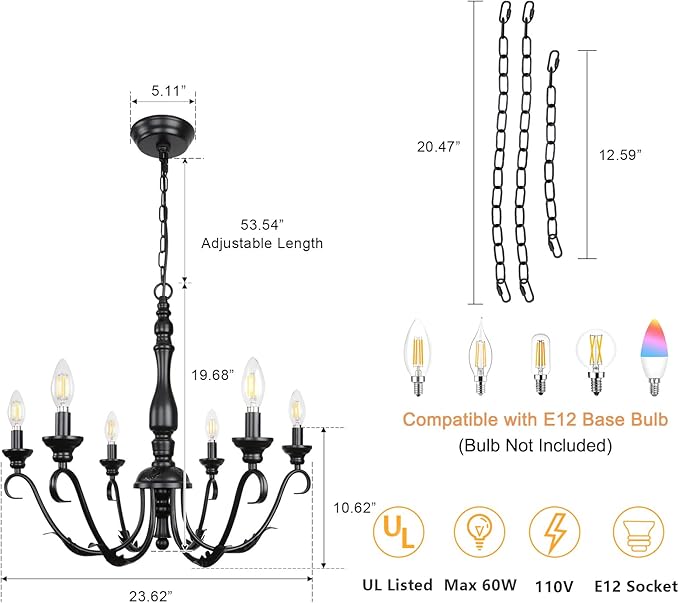 6-Light Black Chandelier, 23.62'' Farmhouse Rustic Chandeliers for Dining Room, Modern Industrial Metal Hanging Light Fixture, Vintage Chandelier for Foyer Entryway Hallway Kitchen