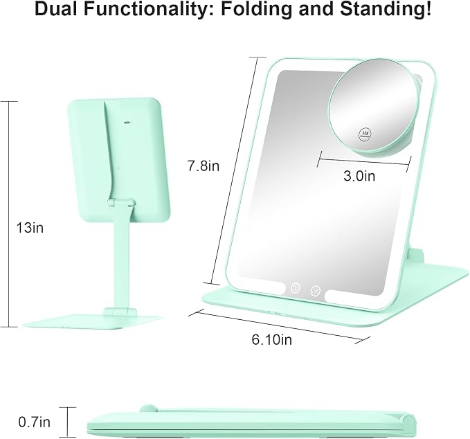 Gospire Travel Makeup Mirror with 3 Lights and Magnification 10X, Green | Compact foldable tabletop cosmetic with smart auto sensor, Adjustable Stand, Dimmable, 2000mAh Rechargeable LED Vanity Mirror