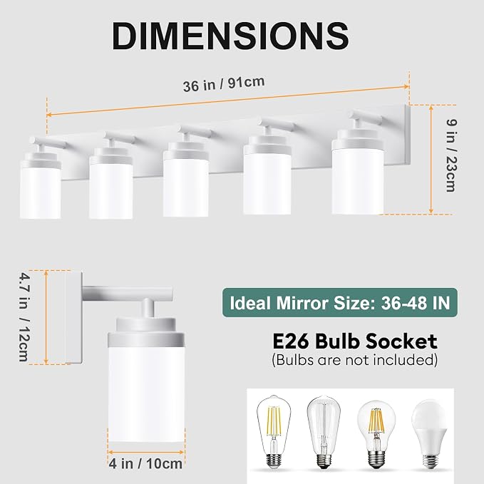IZORRO Bathroom Vanity Light Fixture, 5-Light 36 Inch White Bathroom Light Fixtures Over Mirror, with White Glass Shade, Modern Farmhouse Vanity Lights, Rustic Restroom Lighting Fixtures