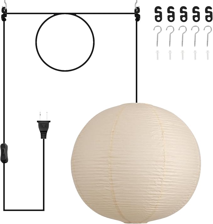20in Paper Lanterns Plug in Hanging Lamp Off-White 19.7FT Cord | Rice Paper Lamp Lantern Pendant Light Large Globe Japanese Japandi Wabi Sabi Chandelier for Dining Living Room Bedroom 1 Pack
