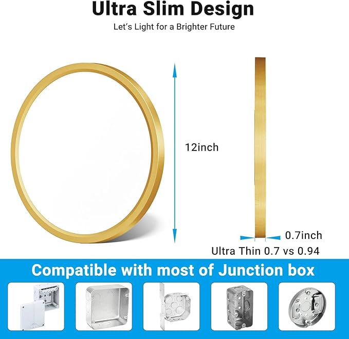 2 Pack LED Flush Mount Ceiling Light,12Inch 24W,3000K/3500K/4000K/5000K/6500K 5 Color Temperatures Ceiling Light Fixture for Kitchen Porch Hallway Bedroom Bathroom and Closet,Gold