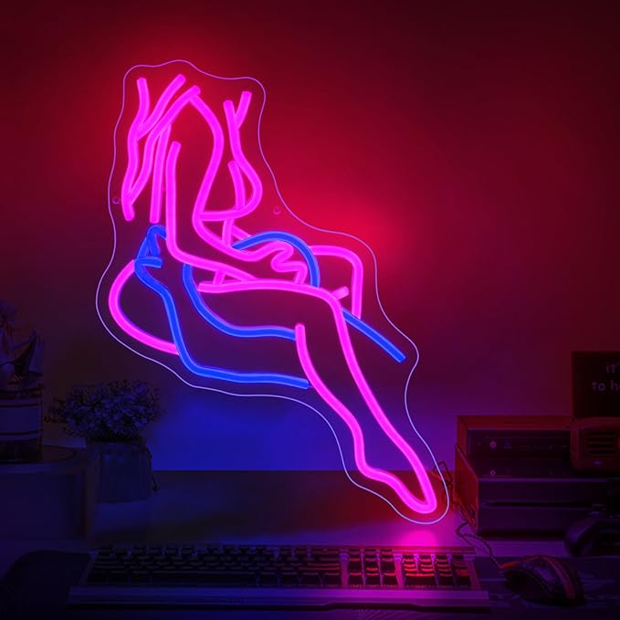 Lady Neon Sign, JGHTURIE Neon Signs for Wall Decor, Pink & Blue Light Up Signs for Room Decor Bar Led Sign for Man Cave, Party, Office, Art Decoration, USB Powered
