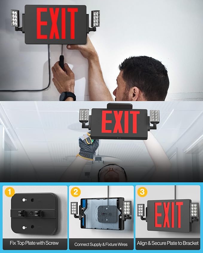 Sunco 6 Pack Black Exit Signs With Emergency Lights, Two Adjustable LED Lights, 94V-0 Fire Resistant, Backup Battery, 120-277V, Wall Or Ceiling Mount, Commercial Grade UL.