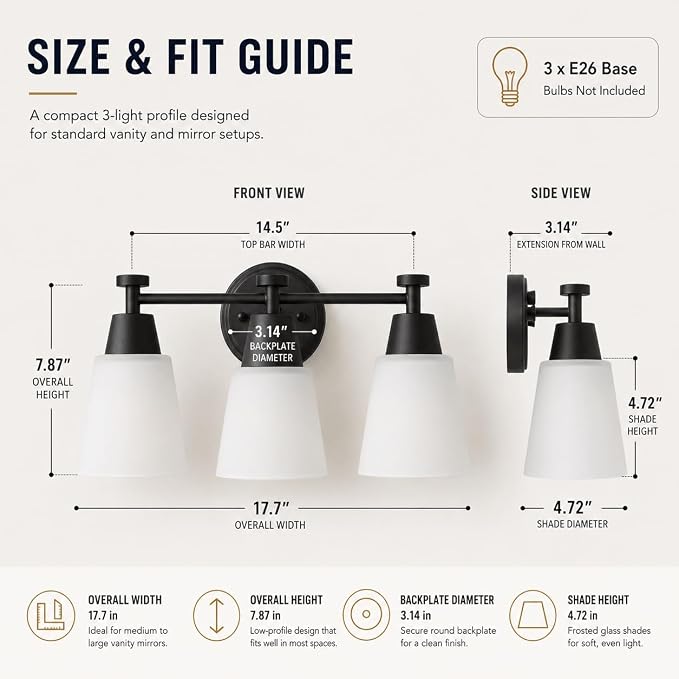 3 Light Bathroom Vanity Light, Modern Matte Black Stainless Steel Over Mirror Vanity Light Fixture with Frosted Glass, Wall Sconces Lighting for Bedroom Living Room