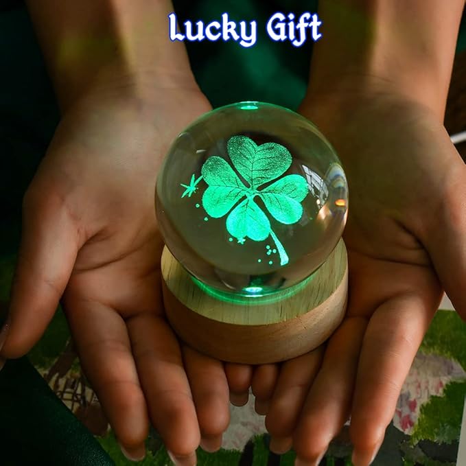 IFOLAINA 3D Four-Leaf Clover Crystal Ball 60mm Good Luck Gifts Ideas with Multicolor Lighting Base St Patricks Day Gifts for Women Men Decorative Globes Room Decor