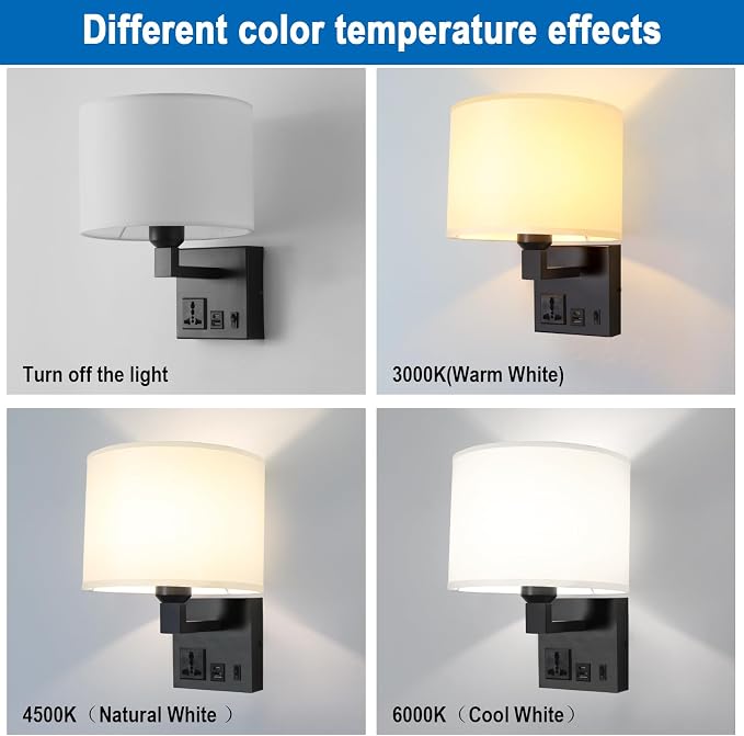 Plug in Wall Sconce, Wall Lamp with Black Base Cylindrical Shape | Wall Lamps for Bedroom Living Room Hotel, Dimmable 1pcs Bulb Included, Bedside Lamp with AC Outlet & USBA+C Charging Port