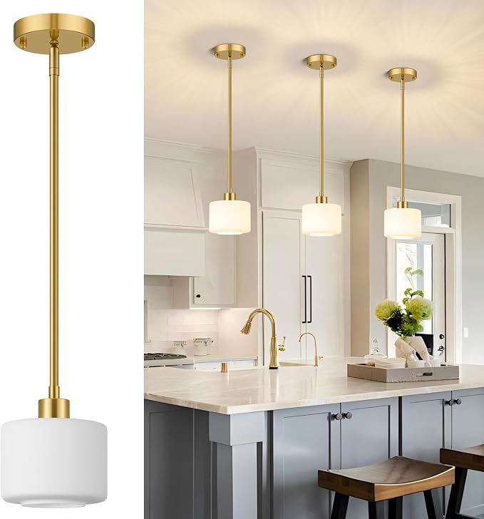 Milk Glass Pendant Lights Kitchen Island, 1-Light Modern Brushed Gold Hanging Light Fixtures with Rods, Mini Kitchen Pendant Lighting Over Island for Sink Bathroom, OS-YQ8153-1PBG