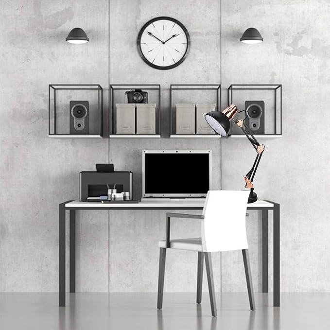 PowerKing Metal Swing Arm Desk Lamps with Base & Clamp, Black Rose Gold | Adjustable Architect Lamp, On Off Switch, Fits E26 E27 Bulbs, Eye-Caring Reading Light, for Home Office Work Study