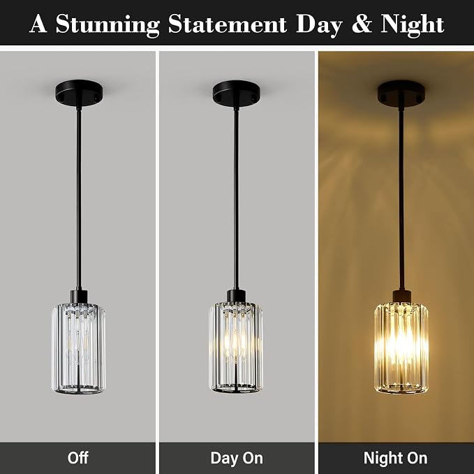 5.1" Mini Modern Black Crystal Kitchen Island Pendant Lights 3 Pack | Small Crystal Glass Shade, Sparkling Crystal Reflections, Customizable Hanging Height, Fits Most Ceilings, Matte Black Finish