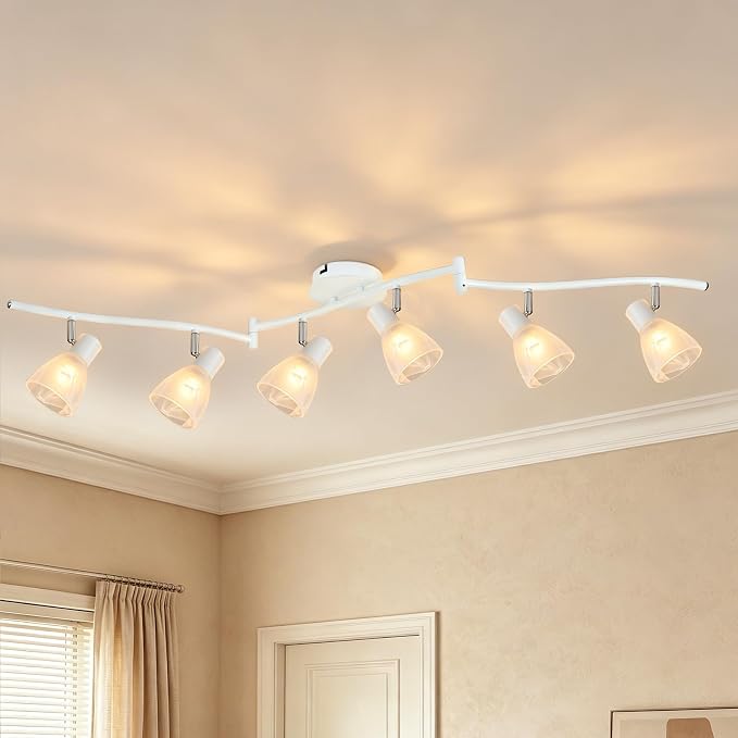 HiBay 6-Light Track Lighting White, Flexible Ceiling Fixture w/Glass Shade | Modern Flush Mount Track Spot Lights Indoor for Kitchen, Living Room, Dining Room, E12 Base, No Bulbs