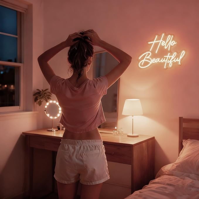 Hello Beautiful Neon Sign for Wall Decor, Warm White LED Neon Light | Dimmable Gorgeous Girl Neon Light for Bedroom Salon Wedding Party Boutique Lash Room Beauty Room Wall Decor Gifts for Girls
