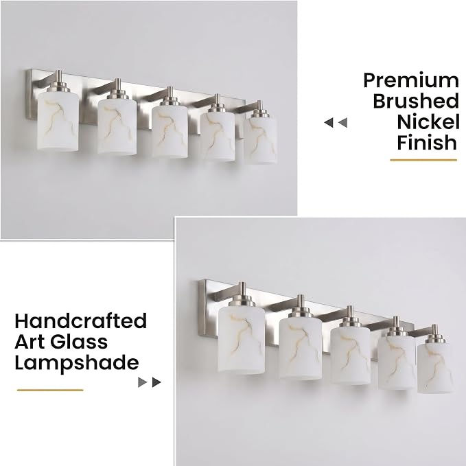 5-Light Bathroom Light Fixture, Brushed Nickel Modern Vanity Light with White Marble Glass Shade, for Bathroom Mirror, Living Room, Bedroom, Hallway, E26 Base, Extended Base