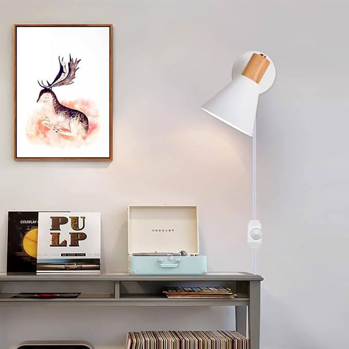 ClanKin Plug in Wall Sconces Lighting Set of 2 for Bedroom, White Dimmable Wood Style Wall Sconce Reading Lamp, Adjustable Wall Light for Bedroom Hallway Living Room (White-Plug in, 2)